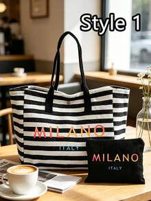「Milan, Italy」漸層字母印花條紋托特包套組，附配套拉鍊化妝收納包，時尚都市街頭風單肩包，復古條紋手提包，大容量日常通勤學習旅行肩背包，便攜可重複使用購物袋，個性化禮品包，適合旅行、海灘度假、辦公工作與日常通勤，送給女性、家人、老師、朋友、閨蜜與學生的完美禮物，開學季、情人節、教師節、萬聖節、復活節、聖誕節禮物 - 彩色 - 查看 2