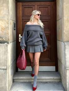 Women's Slouchy Off-Shoulder Sweater, Loose Fit Dropped Shoulder Chunky Knit Long Sleeve Pullover Top, Autumn/Winter - Grey - View 5