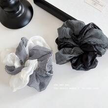 1pc Striped Double-Layer Organza Patchwork Scrunchie, Soft Mesh Fabric, Double-Layer Stitched Craftsmanship, Classic Black And White Striped Design, Minimalist Korean Casual Style, Suitable For Commuting Girls, Perfect For Daily Outings, Shopping, Photography, Fresh And Versatile Hair Tie Hair Scrunchies - Multicolor - View 4