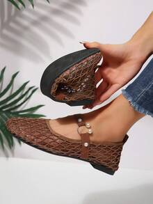 Bohemian Buckle Premium Fishnet Hollow Woven Closed-Toe Sandals - Brown - View 6