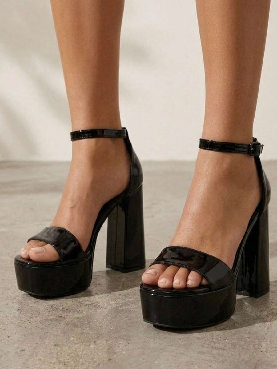 Women Heeled Sandals - Black Patent Leather - View 1