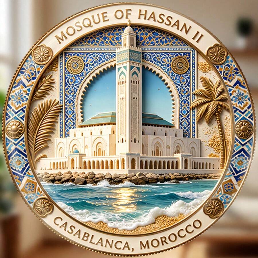 Hassan II Mosque Blue And Gold Arabesque Frame Over Atlantic Waves Magnet Where The Minaret Watches The Tide In Quiet Devotion Keepsake For All Metal Surfaces Throughout The Home - A - View 1