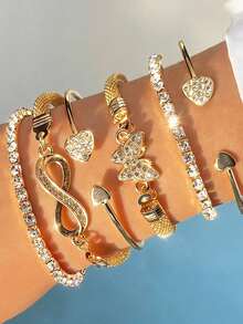 6pcs Women's Minimalist Personalized Metal Rhinestone Bracelet Set - Includes Butterfly, Heart And Infinity Symbol Elements, Multi-Layer Stacking Design, Suitable For Daily Wear, Party, Date And Other Occasions - Gold 6pcs Heart Bow - View 1
