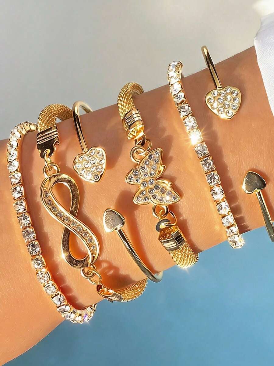 6pcs Women's Minimalist Personalized Metal Rhinestone Bracelet Set - Includes Butterfly, Heart And Infinity Symbol Elements, Multi-Layer Stacking Design, Suitable For Daily Wear, Party, Date And Other Occasions - Gold 6pcs Heart Bow - View 1