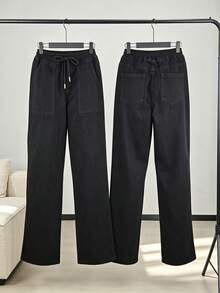 Pantalones vaqueros de corte amplio con cinturón elástico y cordón, bolsillos de trabajo amplios, tela suave lavada para disimular las piernas y favorecer la silueta casual diaria - Negro - Ver 1