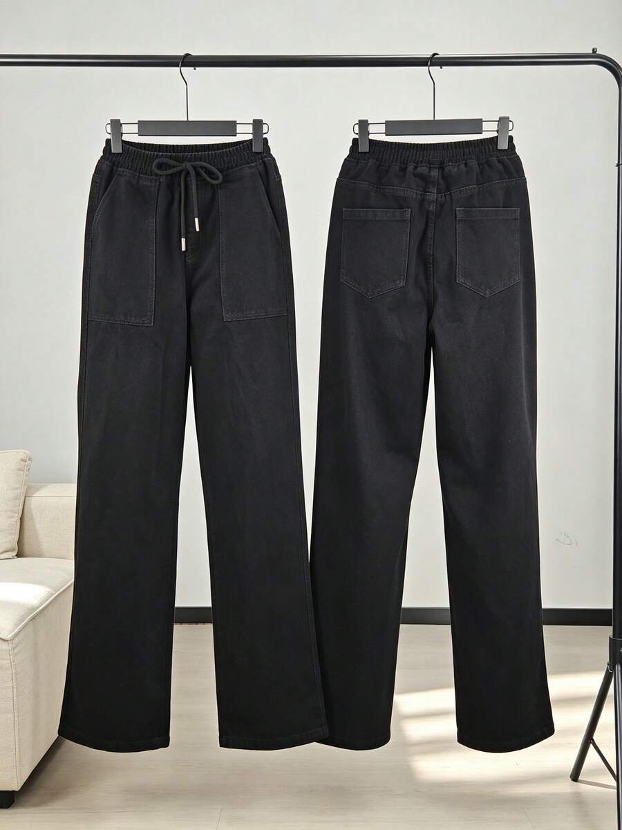 Pantalones vaqueros de corte amplio con cinturón elástico y cordón, bolsillos de trabajo amplios, tela suave lavada para disimular las piernas y favorecer la silueta casual diaria - Negro - Ver 1