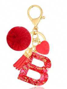 Cute Initial Red Heart Gold Foil Stone Tassel Pom Pom Keychain Resin Drip Glue Minimalist Personalized Key Chain For Women Bags Daily Wear And Gift - Red - View 8