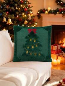 1 pieza/2 piezas Funda de almohada navideña, decoración de estrella amarilla y árbol de Navidad verde, funda de cojín de felpa suave de piel sintética jacquard con lazo rojo, adecuada para dormitorio, sofá, decoración del hogar en invierno y festividades, inserto de almohada no incluido - Verde - Ver 9