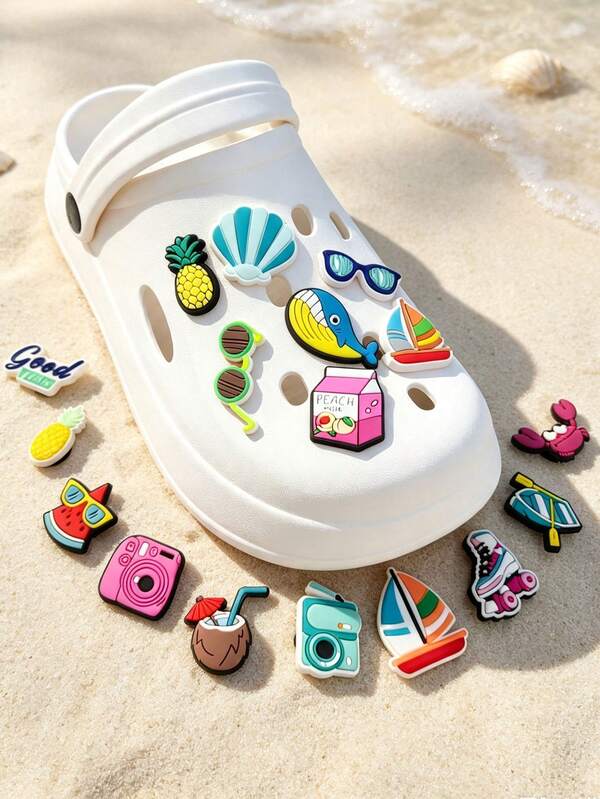 19 peças de acessórios DIY de moda para sapatos clog de aventura de verão, material de borracha macia PVC, acessórios destacáveis para sapatos clog, pins e charms premium populares, ótimo presente para adolescentes, homens, mulheres e adultos