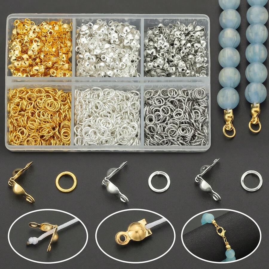 600 st DIY-assortiment av kopplingsringar och delar, inklusive hoppringar och spännen, lämpligt för flätning, DIY-smycken, halsband, armband, nyckelringar, pärlkopplingar, ändkapslar, avslutningsspännen, öppna hoppringar och smyckespännen, tillbehörsmaterial för smyckestillverkning - Knapp & ögla - Visa 1