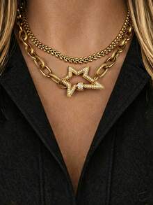 Kalung Liontin Kompas Pentagram Emas 3 Buah/2 Buah dengan Huruf, Rantai Huruf Awal yang Elegan dan Indah, Set Rantai Huruf Mewah, Perhiasan Hadiah untuk Wanita - Emas - View 5