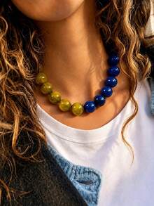 1 pièce Collier de perles bicolore en acier inoxydable avec effet de nuage, perles rondes géométriques bohèmes style européen & américain, accessoire pour femmes, cadeau de vacances, port quotidien - Collier en acier inoxydable orné de perles de résine faites à la main - Voir 6