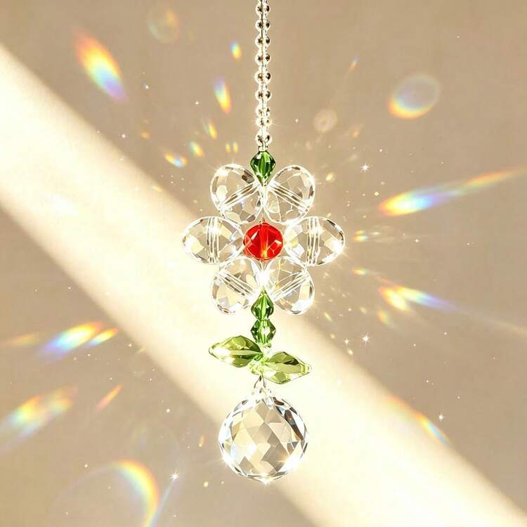 Handmade Transparent Crystal Floral Sun Catcher With Green Leaf Mixed Color Center Bead, Window Hanging Decor, Home Aesthetic Decorative Gift - Flower Pendant - View 8
