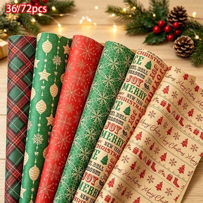 36/72pcs Classic Christmas Wrapping Paper Featuring Assorted Patterns Such As Plaid, Snowflakes, And Christmas Trees, Includes Christmas Stickers