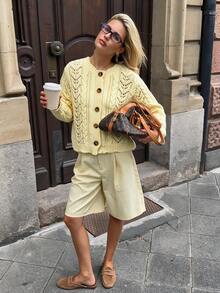 Yellow Hollow Cable Knit Round Neck Sweater Cardigan Women Autumn/Winter Soft Fluffy Slouchy Knit Cardigan - Yellow - View 7