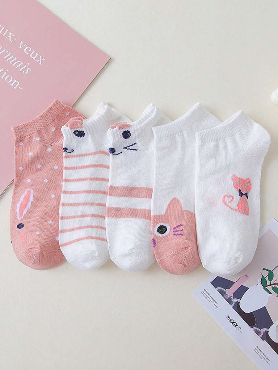 5 Pairs Pink Cartoon Cat Casual Versatile Short Socks - Multicolor - View 1