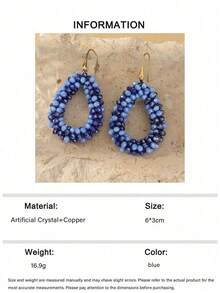 OOQ 1 Pair Handmade Bohemian Style Crystal & Seed Bead Earrings, Vintage Elegant Geometric Teardrop Earrings, Suitable For Holidays, Weddings, Festivals, Gifts For Friends And Lovers, Daily, Party Wear (Handmade Seed Bead Color And Position Random) - Blue - View 5