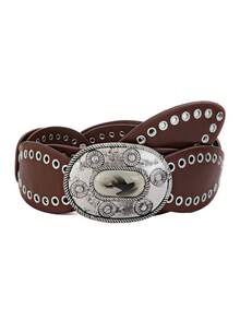 1pc Women's Smooth Buckle Chain Decor Vintage Artistic Waist Belt, Brown Versatile Leather Belt For Men And Women - Waistband - View 4