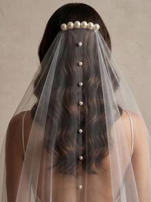 1pc Fingertip Length Single Layer Bridal Veil With Faux Pearl Decorated Hair Comb, For Wedding, Photography, Pre-Wedding Party Headpiece - White - View 2