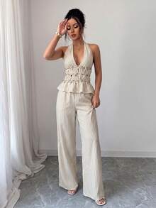 Women Striped Halter Two Pieces Matching Set, Top Wide Leg Pants Summer Fall Business Office Workwear Back To School Y2K Vacation Going Outfit - Khaki - View 1