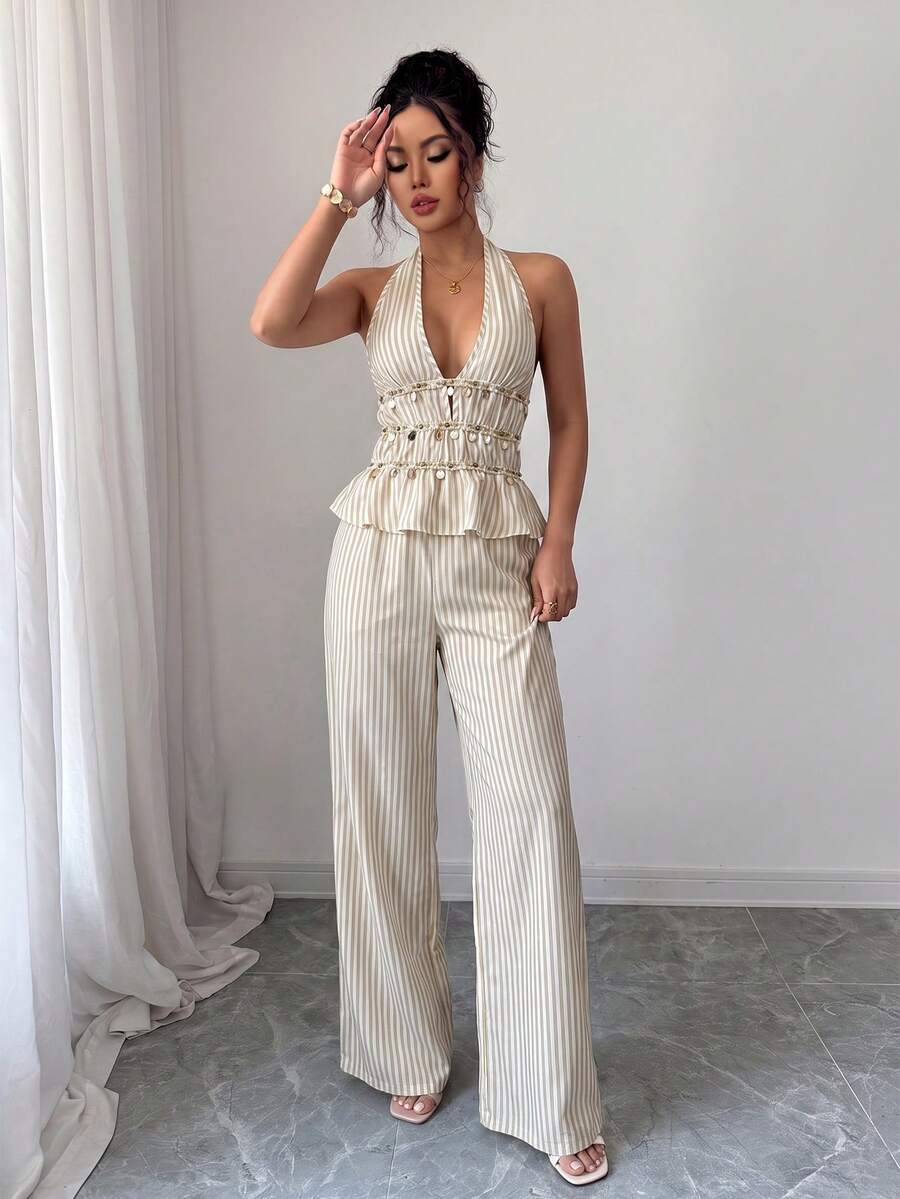 Women Striped Halter Two Pieces Matching Set, Top Wide Leg Pants Summer Fall Business Office Workwear Back To School Y2K Vacation Going Outfit - Khaki - View 1