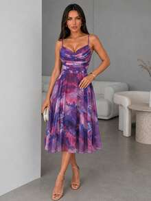 ChicMe Women's Ombre Print Ruched A-Line Sleeveless Midi Dress, Back Zipper Design, Casual Elegant, Suitable For Daily And Vacation Wear - Purple - View 6
