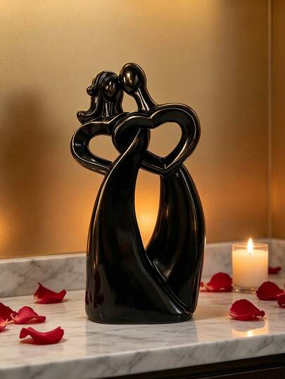 1 pièce Statue en résine de couple s'enlaçant en forme de cœur noir & or, décoration romantique pour amoureux, convient pour le bureau, l'étagère, la décoration de la maison, la Saint-Valentin, l'anniversaire, le mariage, les fiançailles, l'anniversaire et autres cadeaux sur le thème de l'amour