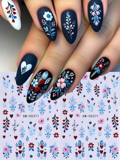 2pcs Mini Wildflower Nail Stickers, Floral Heart Leaf Branch Nail Decals, Cute Macaron Color Flower Self-Adhesive Nail Art DIY Autumn Design Nail Decoration Nail Supplies