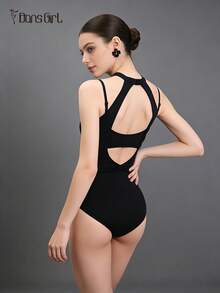 DonsGirl 1pc Halter Ballet Leotard, Illusion Two Pieces Design, Y-Back Hollow Out Backless Jumpsuit, Suitable For Dance Performance And Gymnastics Training - Black - View 11