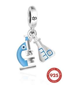 RADIVIDE 1pc 925 Sterling Silver Blue Enamel Microscope And Conical Flask Pendant Jewelry, Inlaid With Blue Crystal Science Lab Equipment Pendant Bead, Suitable For European Style Bracelets - Silver - View 2
