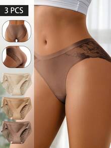 3 Pak Celana Dalam Wanita Model Mid Rise Berenda, Lembut, Elastis, Bernapas, Menutupi Seluruh Tubuh, Pakaian Dalam Nyaman untuk Sehari-hari dengan Sisi Berenda Bunga, Ukuran S-XXL untuk Penggunaan Sehari-hari - MultiWarna - View 2