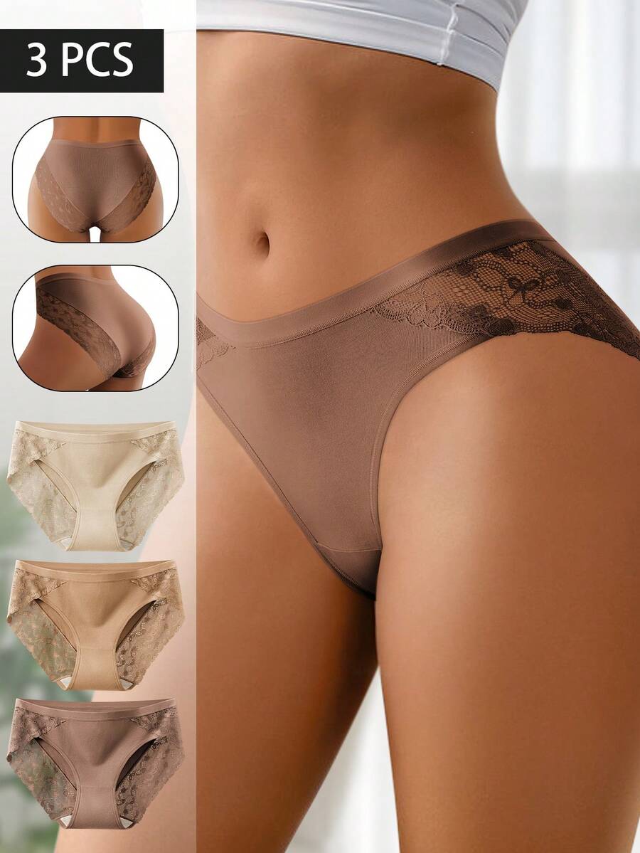 3 Pak Celana Dalam Wanita Model Mid Rise Berenda, Lembut, Elastis, Bernapas, Menutupi Seluruh Tubuh, Pakaian Dalam Nyaman untuk Sehari-hari dengan Sisi Berenda Bunga, Ukuran S-XXL untuk Penggunaan Sehari-hari