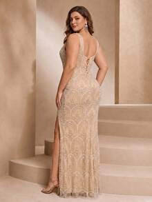 VIPGIRL Apricot Women's Long Knit Evening Dress, Decorated With Beaded Details And Lace-Up Back, Elegant Plus Size Ball Gown - Apricot - View 2