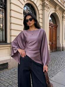 VINOVA 女款優雅船領不對稱上衣，長喇叭袖緞面上衣，夏季上衣，秋季穿搭，度假穿搭，外出穿搭，度假 - 淺灰紫 - 查看 1