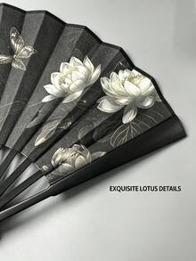 1pc Chinese Style Lotus Butterfly Print Folding Hand Fan With Tassel Pendant, Retro Portable Handheld Fan For Hanfu Qipao Cosplay Photography Summer Decor Gift - Double-sided Ink Lotus - View 6