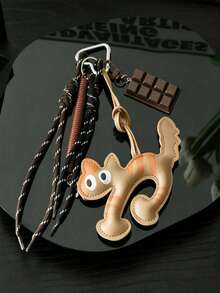 Cute Leather Cat Bag Charm Keychain, Cat Pendant With Chocolate Charm And Braided Rope Tassel, Bag Charm, Car Interior Charm, Car Keychain. Sweet Coffee Tone Bag Accessory Gift, Suitable For Women And Girls, Gift For Women, Birthday, Holiday Gift. - Multicolor - View 5