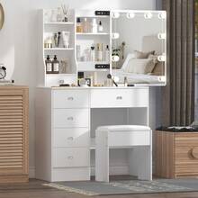 Teousev Dressing Table With LED Lights Mirror & Stool, Vanity Makeup Table With 5 Drawers, Open Storage Shelves, 3 Colour Adjustable Light, Lockable Drawers, White Cosmetic Desk For Bedroom - White - View 8