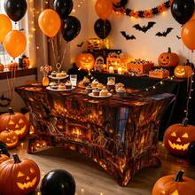 1pc Halloween Pattern Printed High Elasticity Tablecloth With Elastic Band - Stretchable Fit, Washable And Reusable Table Cover Suitable For Dining Table, Buffet Table, Dessert Table, Banquet, Holiday Party Decoration, Halloween, Birthday, Wedding - Suitable For Kitchen Use - Multicolor - View 1