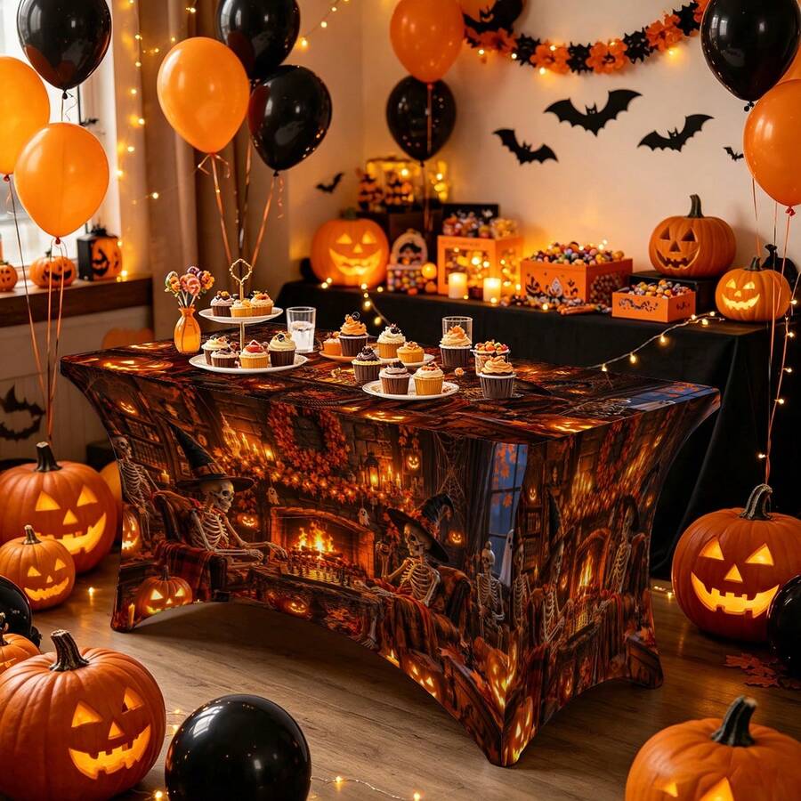 1pc Halloween Pattern Printed High Elasticity Tablecloth With Elastic Band - Stretchable Fit, Washable And Reusable Table Cover Suitable For Dining Table, Buffet Table, Dessert Table, Banquet, Holiday Party Decoration, Halloween, Birthday, Wedding - Suitable For Kitchen Use - Multicolor - View 1