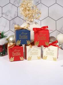 10pcs Merry Christmas Cube Gift Boxes With Satin Ribbon Bows, Gold Foil Lettering And Botanical Leaf Print, Red Blue Or Ivory Mini Packaging For Jewelry, Small Presents, Xmas Party Favors, Stocking Fillers And Holiday Gift Exchange - View 2