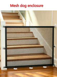 Retractable Breathable Mesh Pet Isolation Gate, No Drilling Installation, With Anti-Drill Suction Cup Hooks For Easier Setup, Convenient Pet Zoning, Suitable For Stairs, Balcony, Kitchen, Bedroom - Black - View 2