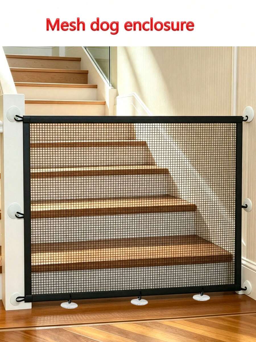 Retractable Breathable Mesh Pet Isolation Gate, No Drilling Installation, With Anti-Drill Suction Cup Hooks For Easier Setup, Convenient Pet Zoning, Suitable For Stairs, Balcony, Kitchen, Bedroom