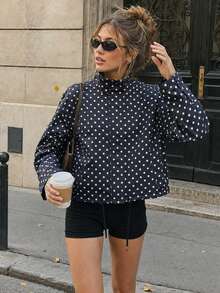 Women's Polka Dot Short Jacket, Long Sleeve Zip-Up Coat, Casual Spring/Autumn Outerwear - Navy Blue - View 2