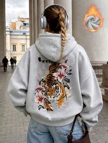 女款秋冬新款極簡時尚虎紋印花休閒百搭保暖內裡衛衣 - 深花灰 - 查看 2