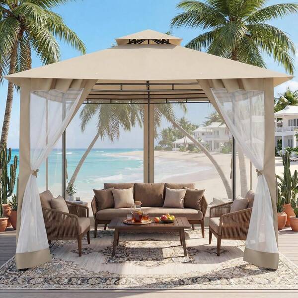 10x10 Outdoor Gazebo With Netting, Double Roof Heavy Duty Steel Canopy Shelter, Patio Backyard Deck Lawn Shade Tent Frame, Weather Resistant Vented Screen House, Khaki
