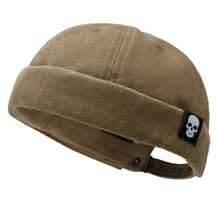 1pc Skull Logo Hat, Washed Distressed Brimless Skull Cap, Solid Color, Suitable For Parties And Outings, Unisex, All Season - A - View 10