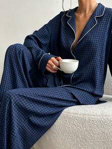 2pcs Classic Plaid Lapel Front-Opening Long Sleeve Pants Pajama Set, Simple Casual Women's Sleepwear - Navy Blue - View 4