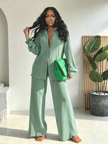 2pcs/Set Fashionable Pleated Shirt And Comfortable Wide Leg Pants Women's Casual Outfit Spring Elegant - Mint Green - View 1