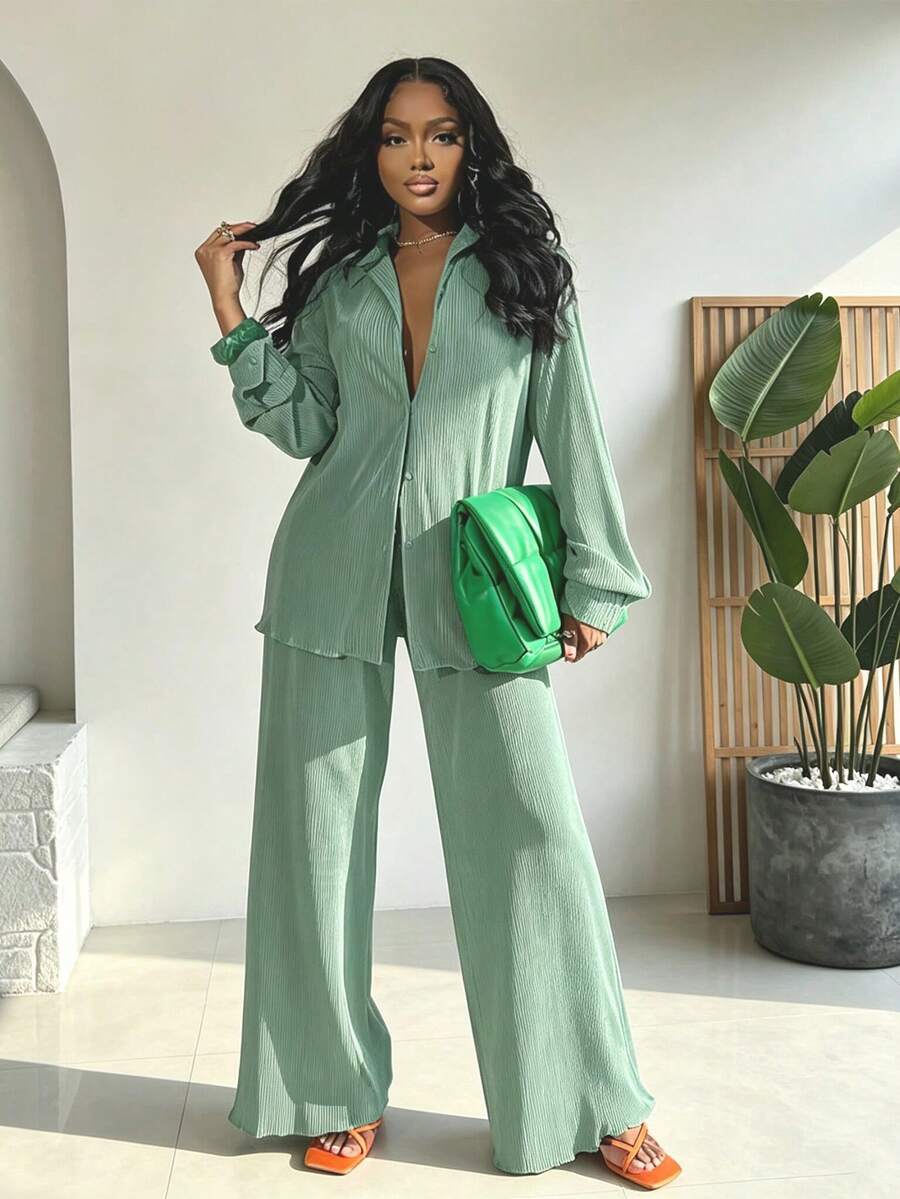 2pcs/Set Fashionable Pleated Shirt And Comfortable Wide Leg Pants Women's Casual Outfit Spring Elegant - Mint Green - View 1