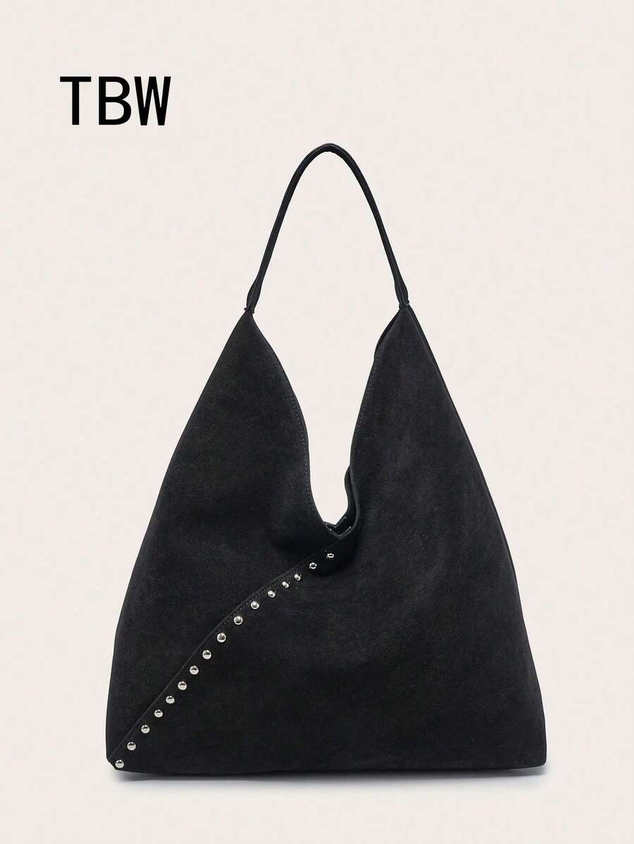 Women's Shoulder Bag/Handbag, Brown Suede, Large Capacity, Decorated With Rivets, Vintage Versatile Commuter Style, Suitable For Autumn/Winter Outings. - Black - View 1
